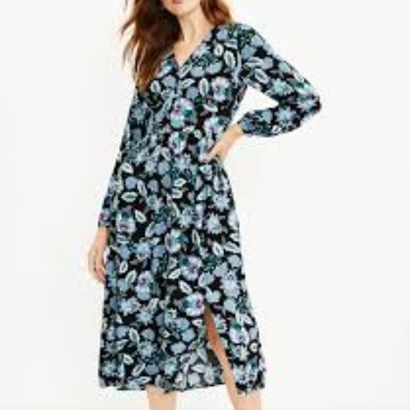 NWT Loft Floral V-Neck Midi Dress - Size 8 - Picture 1 of 3